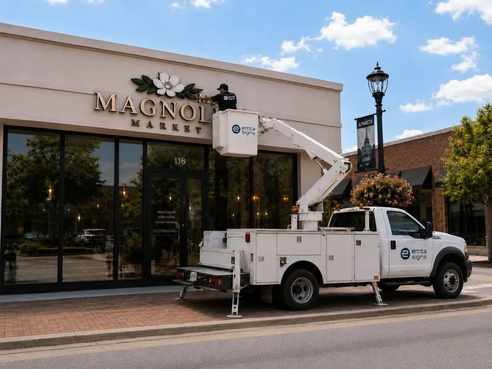 Bucket truck installing letters on a retail storefront