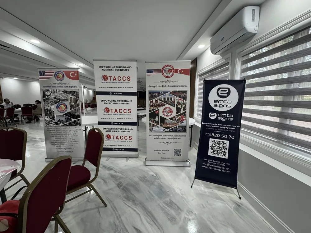Printed roll-up banners set up for an event
